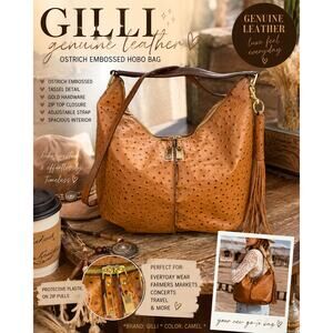 GILLI Genuine Leather Ostrich Embossed Hobo Bag Tassel Crossbody Camel